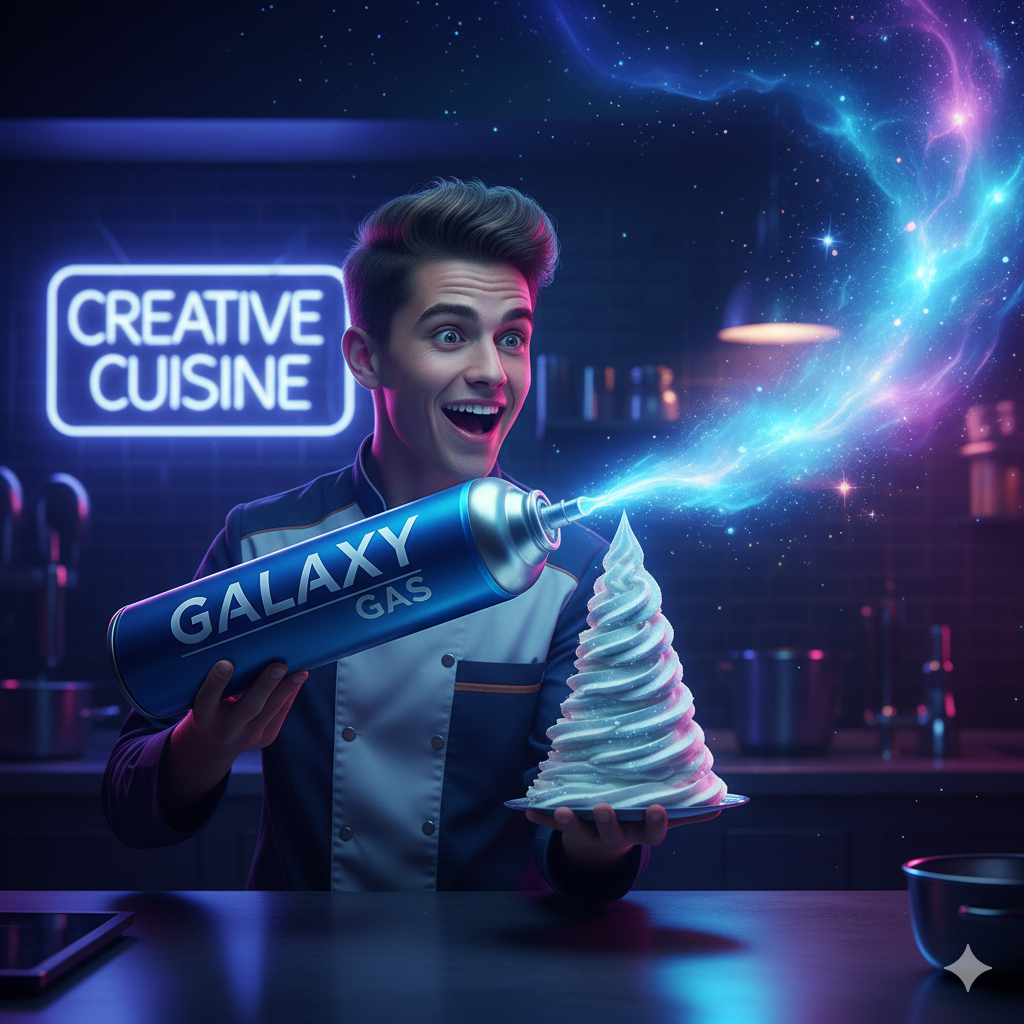 Young person holding a Galaxy Gas nitrous oxide canister showing Galaxy Gas effects