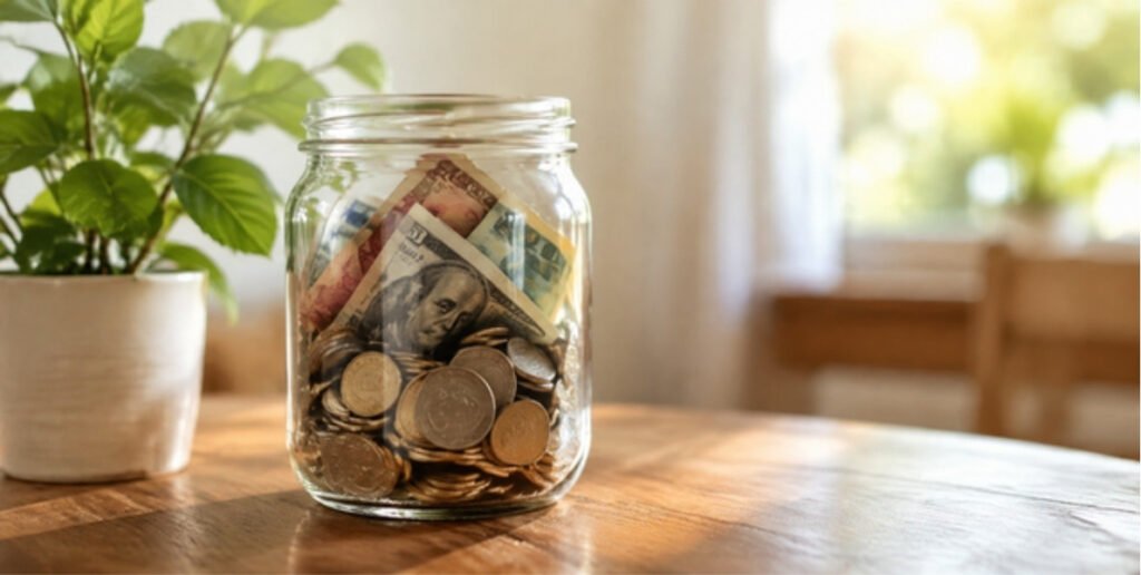 Emergency fund savings jar filled with coins and banknotes