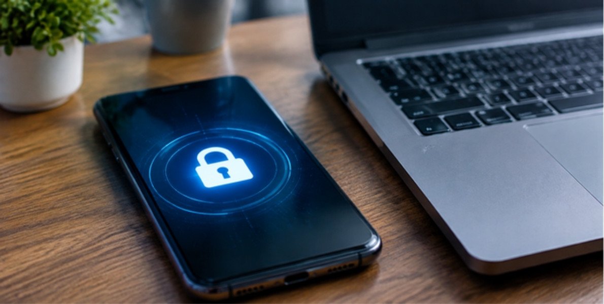 Password manager padlock glowing on a smartphone beside a laptop