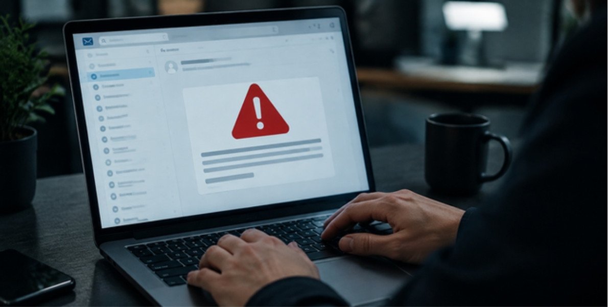 Phishing email warning shown on a laptop screen