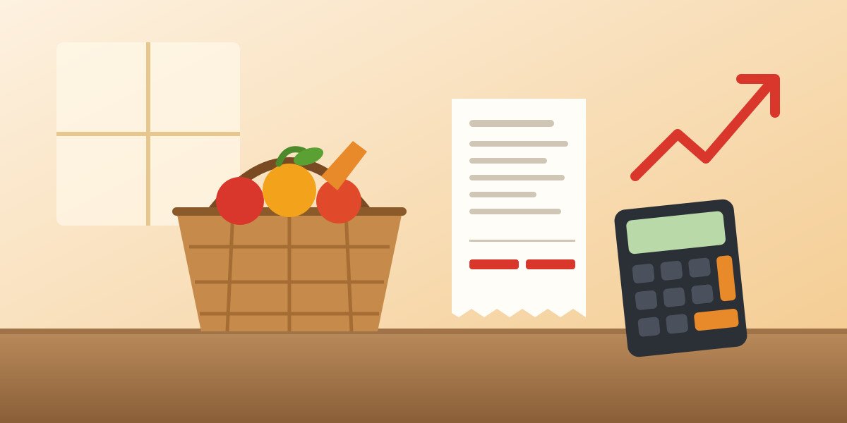 What is inflation: grocery basket, receipt and calculator illustration