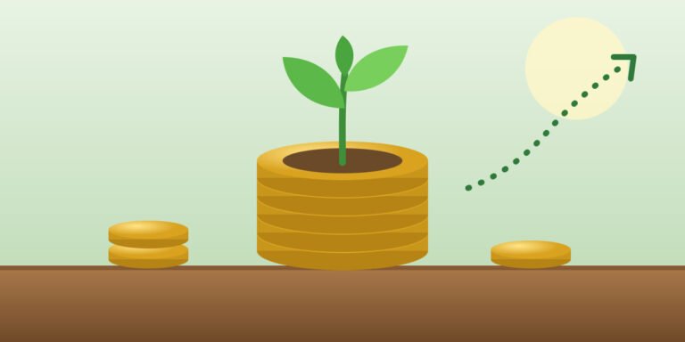 Compound interest: seedling growing from a stack of coins illustration