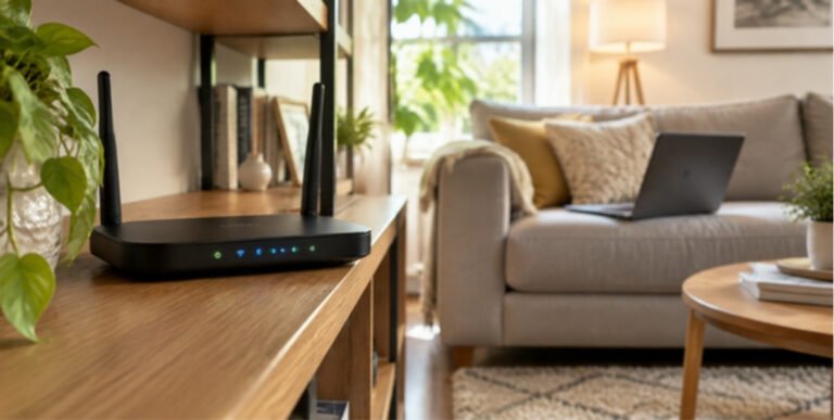 Slow Wi-Fi fix: home router with glowing lights in a living room