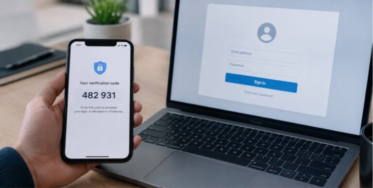 Two-factor authentication code on a smartphone beside a laptop login