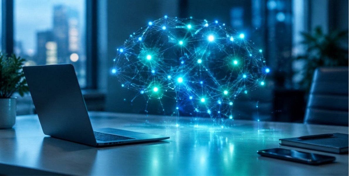 What is artificial intelligence: a glowing neural network above a desk